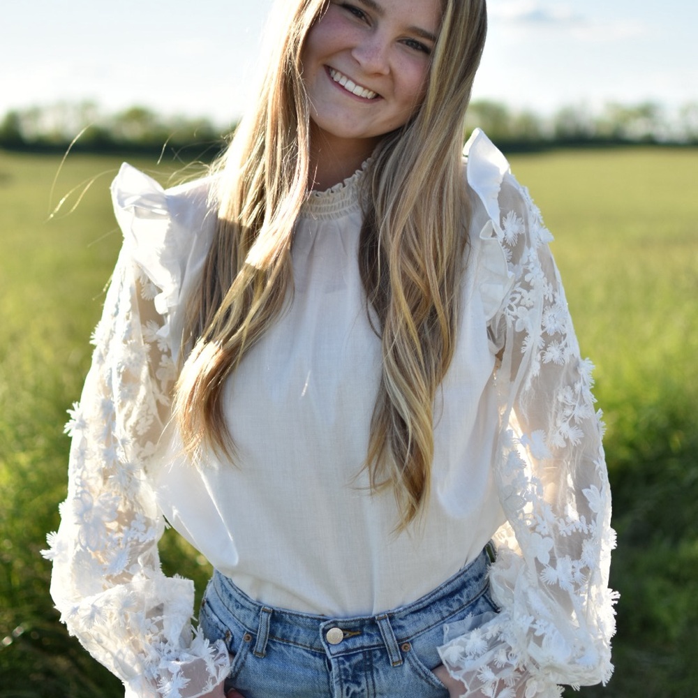 HYFVE White Sheer Lace Sleeve Ruffle Blouse